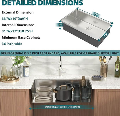 Undermount Kitchen Sink 33x19x9 Inch Deep Single Bowl 18 Gauge Stainless Steel Under Counter Sinks Basin With Drain Strainer