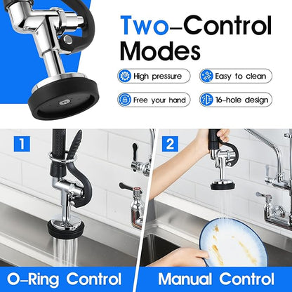 Commercial Kitchen Faucet with Pre-Rinse Sprayer 43" Height 8" Center Brass Constructed Wall Mount Kitchen Sink Faucet with Coiled Spring Pull Down Spray and 12" Add-on Swing Spout