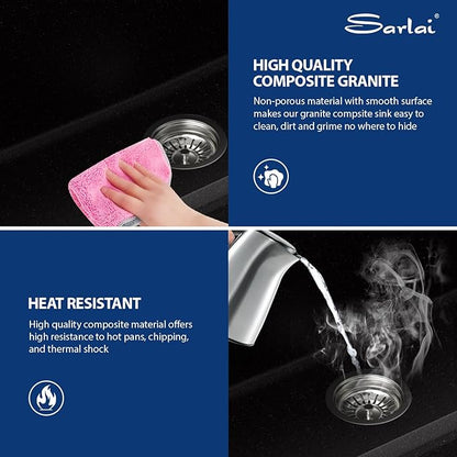 Sarlai 30 Granite Composite Kitchen Sink - 30"x19" Black Undermount Kitchen Sink Ledge Workstation Matte Black Granite Quartz Composite Under-Mount Single Bowl Sinks Basin with Accessories