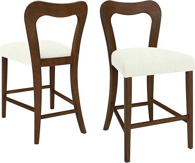 Counter Stools Without Arms Set of 2 (Walnut + Beige) - Solid Rubberwood Frame & Fabric Seat, Ergonomic Curved Back, 300LBS Capacity for Kitchen Island, Dining Room, Home Bar