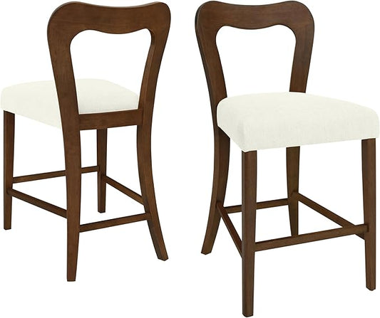 Counter Stools Without Arms Set of 2 (Walnut + Beige) - Solid Rubberwood Frame & Fabric Seat, Ergonomic Curved Back, 300LBS Capacity for Kitchen Island, Dining Room, Home Bar