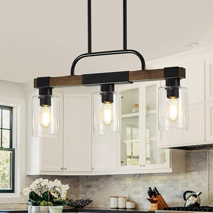 Farmhouse Dining Room Light Fixtures Over Table，Rustic Ceiling Pendant Lights Kitchen Island，3-Light Wood Kitchen Island Lighting Linear Chandelier with Clear Glass lampshade