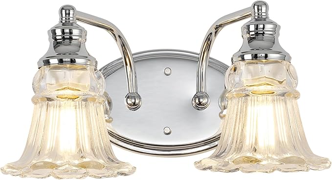 2-Light Bathroom Light Fixtures Over Mirror, Vintage Vanity Lights with Clear Floral Glass Shades, Chrome