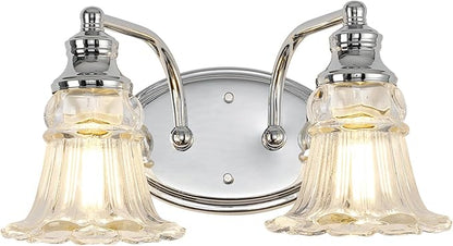 2-Light Bathroom Light Fixtures Over Mirror, Vintage Vanity Lights with Clear Floral Glass Shades, Chrome