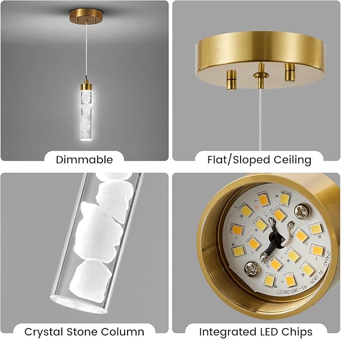 Pendant Lights Kitchen Island 3 Pack, Modern Mini Pendant Light Fixtures with Crystal Stone, Dimmable LED Chandelier, Gold Hanging Light Fixture for Dining Room Hallway, 3000-5000K Adjustable, ETL