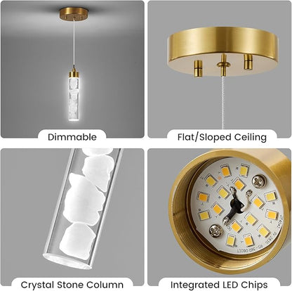 Pendant Lights Kitchen Island 3 Pack, Modern Mini Pendant Light Fixtures with Crystal Stone, Dimmable LED Chandelier, Gold Hanging Light Fixture for Dining Room Hallway, 3000-5000K Adjustable, ETL