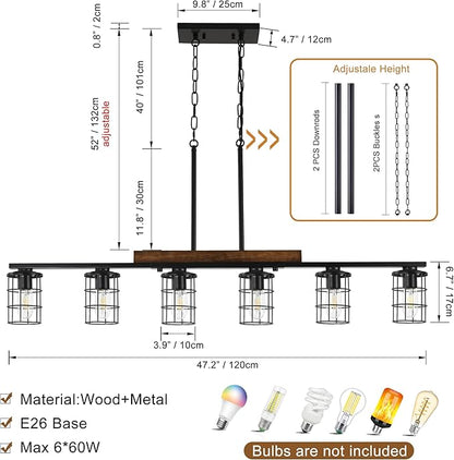 47.2" Farmhouse Kitchen Light Fixture, Black Hanging Kitchen Chandelier, 6-Light Rustic Dining Room Light Adjustable Height with Wood and Metal Frame, Suit for Farmhouse, Industrial Style