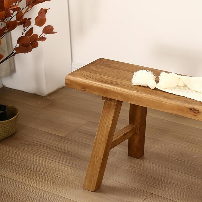 Kavie Solid Wood Bench, Modern A-Frame Dining Bench, Sturdy Natural Finish Stool for Entryway, Kitchen Island, Living Room & Wabi Sabi Style Decor (Natural,55.1" L*10.2" W*17.7" H)
