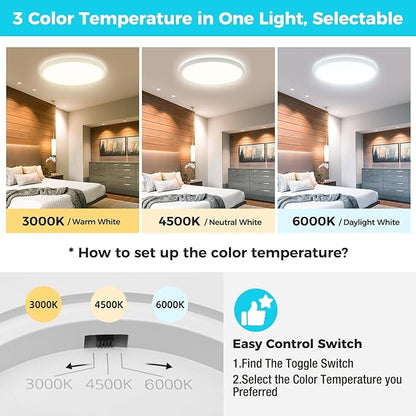 libtit 23 Inch Led Flush Mount Ceiling Light Fixtures,5600lm 56W 3 Color 3000K 4500K 6000K Selectable, Low Profile Thin Surface Mount Lighting Fixture for Bathroom Kitchen Office (White)