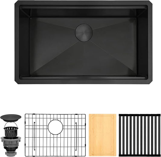 Black Undermount Kitchen Sink, 16 Gauge T-304S Stainless Steel Single Bowl Workstation Sinks with Full Set Accessories, 28" x 18" x 10" Handmade Deep Kitchen Sink