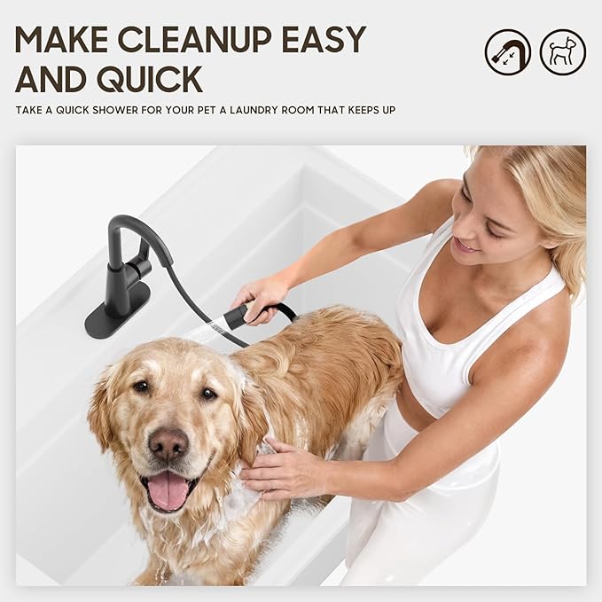 Phiestina High Arc Bathroom Sink Faucet with Pull Down Sprayer, Tall Matte Black Single Handle Pull Out Faucet with Pop-Up Drain, 1 or 3 Hole Laundry Bar Basin Faucet with Deck Plate WE10CL-ZY-MB