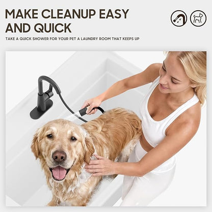 Phiestina High Arc Bathroom Sink Faucet with Pull Down Sprayer, Tall Matte Black Single Handle Pull Out Faucet with Pop-Up Drain, 1 or 3 Hole Laundry Bar Basin Faucet with Deck Plate WE10CL-ZY-MB
