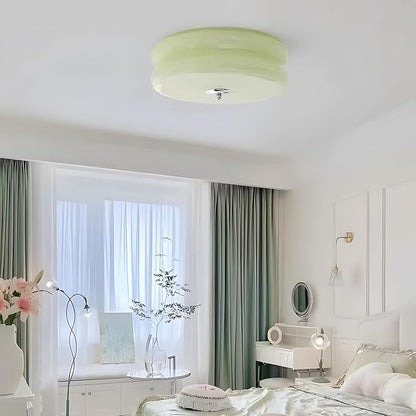 Bofea- French Retro Semi Flush Ceiling Light, Mint Green Glass LED Round Ceiling Lamp, Nordic Minimalism Flush Green Glass Light for Bedroom Corridor&Dining Room