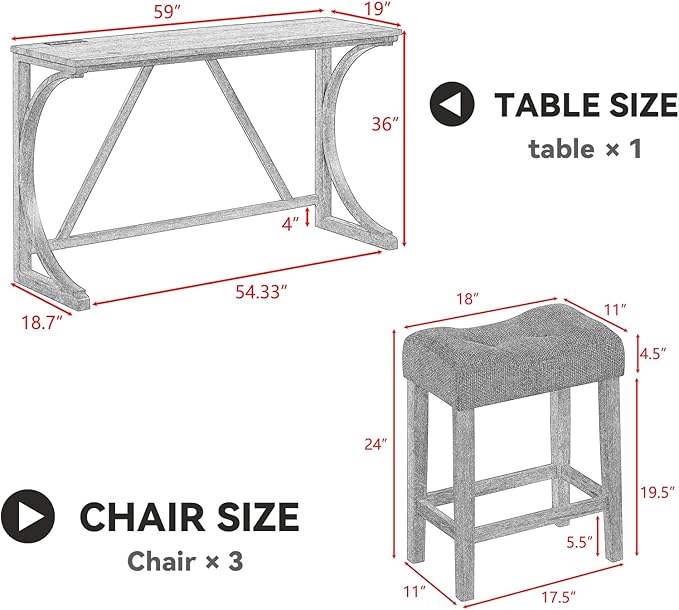 LKTART Dining Bar Table and Chairs Set 4 Piece with Power Outlet, Bar Table Set with 3 Padded Stools, Industrial Breakfast Table Set for Living Room Dining Room Game Room