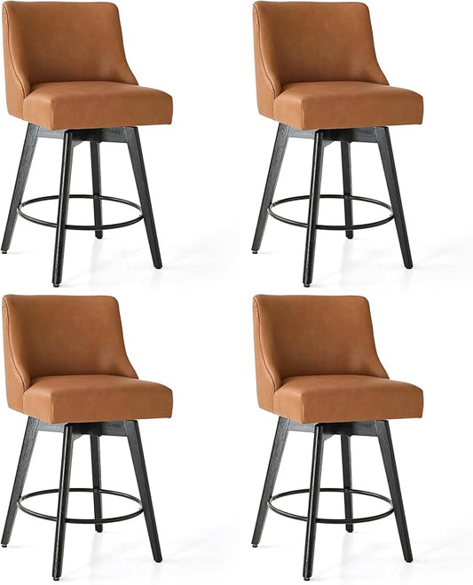 Counter Height Bar Stools Set of 4, Swivel Barstools with Backs and Wood Legs, Faux Leather Upholstered Counter Stools for Kitchend Island, Mid-Century Modern 26" Seat Height Bar Chairs, Brown