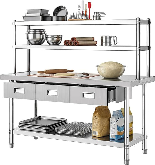 DWVO 60x24in Stainless Steel Table, NSF Metal Prep Worktable with Adjustable Overshelf & 3 Drawers for Kitchen Restaurant Hotel Garage Warehouse Home
