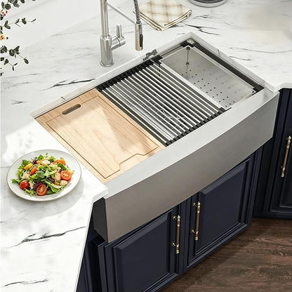Kichae 33 Farmhouse Sink Double Bowl - 33 Inch Kitchen Sink Apron Front Stainless Steel Handmade Low Divided 50/50 Double Bowl Workstation Sink Basin