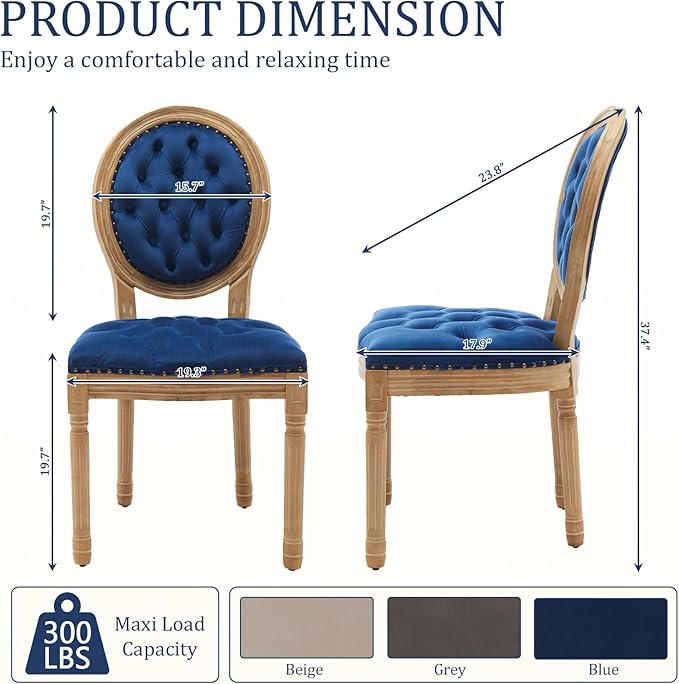Velvet Dining Chairs Set of 4, Vintage Wooden Dining Chair with Solid Wood Legs, Upholstered Farmhouse Kitchen Chair for Living Room, Restaurant, Bedroom (Blue, Set of 4)