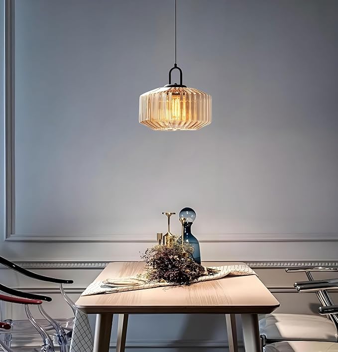 11-Inch Vintage Industrial Ribbed Glass Pendant Light Adjustable Height E26 Hanging Light for Kitchen Island Dining Room Bedroom Living Room Bar (Amber)
