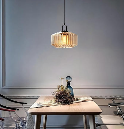 11-Inch Vintage Industrial Ribbed Glass Pendant Light Adjustable Height E26 Hanging Light for Kitchen Island Dining Room Bedroom Living Room Bar (Amber)