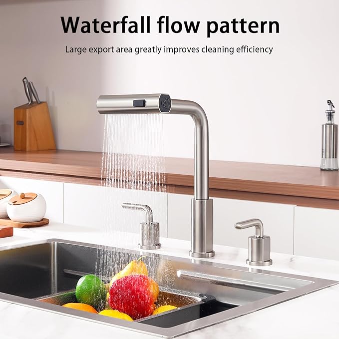 Kitchen Sink Faucet for 3 Hole with Pull Down Sprayer - 8 inch Two Handle Widespread Kitchen faucets Set with Pull Out Sprayer for Sink- Stainless Steel Brushed Nickel 3 Piece Faucet for Kitchen Sink