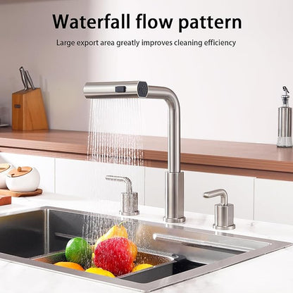 Kitchen Sink Faucet for 3 Hole with Pull Down Sprayer - 8 inch Two Handle Widespread Kitchen faucets Set with Pull Out Sprayer for Sink- Stainless Steel Brushed Nickel 3 Piece Faucet for Kitchen Sink