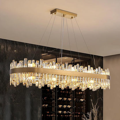 Siljoy Modern Crystal Chandelier, L52'' Luxury Rectangular Brushed Brass Gold Crystal Raindrop Chandelier Large Oval Crystal Pendant Ceiling Light Fixture for Dining Room Kitchen Island, E12 x 20