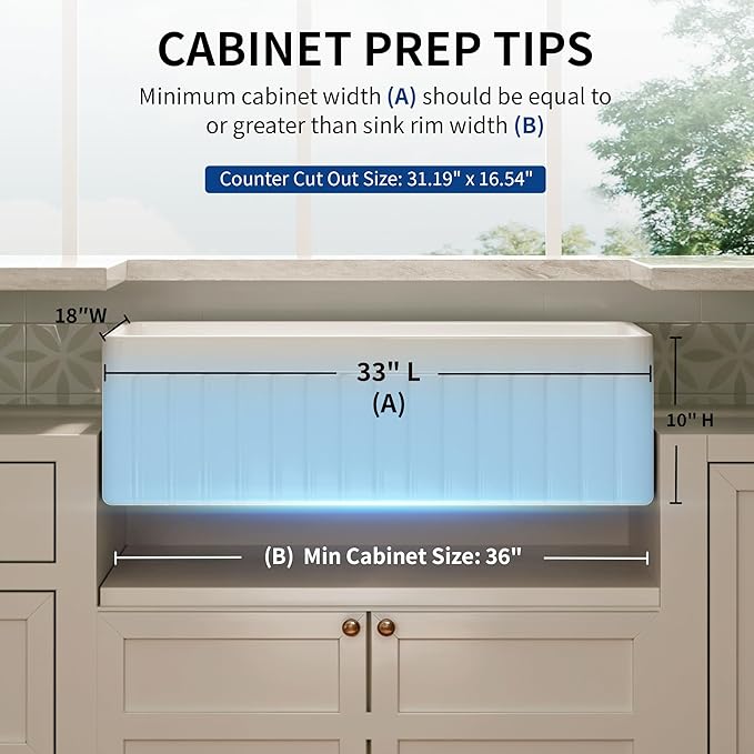 DeerValley White Farmhouse Sink 33 inch, Fireclay Apron Front Farm Kitchen Sink, Single Bowl Deep Drop-in Undermount Reversible Sinks with Grid & Strainer