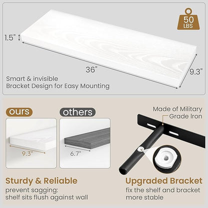 Fun Memories 36 Inch Floating Shelves in White, 9.3 Inch Deep Floating Shelf for Bathroom Living Room Kitchen, Rusitc Wall Mounted Bathroom Shelves 2 Pack, Heavy-Duty Deep Shelf for Books Decor