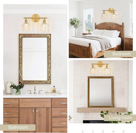 Gold Bathroom Light Fixtures Over Mirror, 2 Light Bathroom Vanity Light Fixture with Tulip Transparent Glass Lampshade, Vintage Vanity Lights for Bathroom, Bathroom Vanity Lights Over Mirror