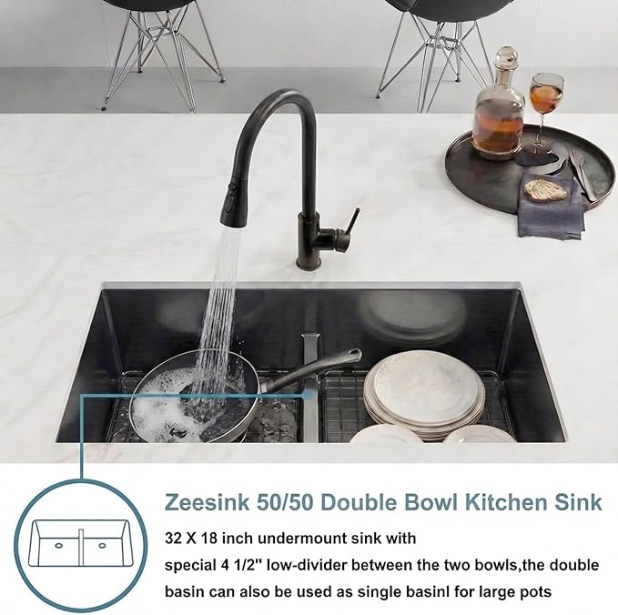 32 inch Double Bowl Kitchen Sink,Black Undermount Kitchen Sink 32 X 18 inch,16 Gauge Stainless Steel Undermount Sinks,Special Low-Divide Design