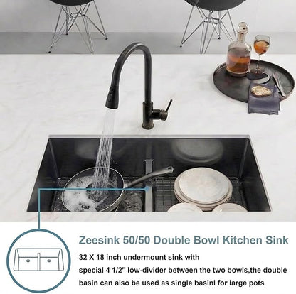 32 inch Double Bowl Kitchen Sink,Black Undermount Kitchen Sink 32 X 18 inch,16 Gauge Stainless Steel Undermount Sinks,Special Low-Divide Design