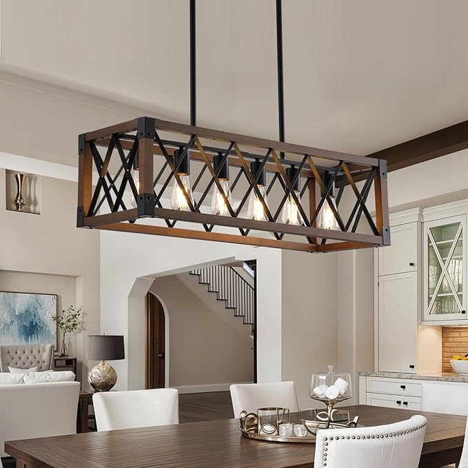 Dining Room Light Fixture/Chandelier Over Table,Matte Black Rustic Wood Ceiling Pendant Light,6-Light Kitchen Island Lighting Fixtures, Linear Farmhouse Chandeliers for Dining Room,Kitchen Island