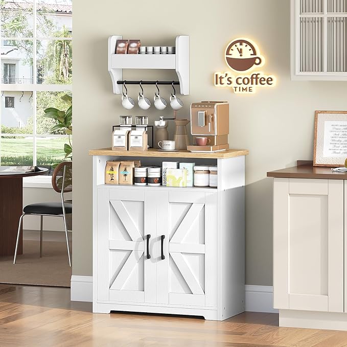 YATINEY Coffee Bar Cabinet, Kitchen Island with Storage, Farmhouse Sideboard Buffet Cabinet with Dual-Purpose Floating Shelf and Hooks, for Kitchen Living Room, White and Natural KF22WN