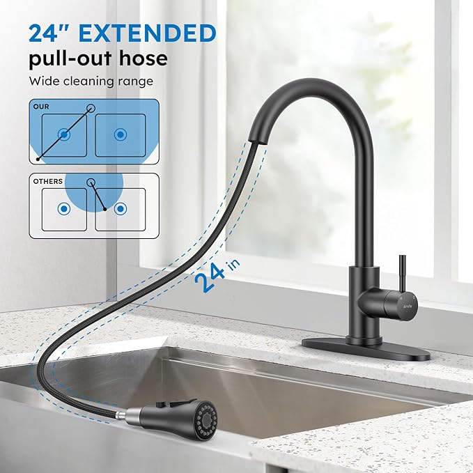 Arofa Matte Black Kitchen Faucet, Kitchen Sink Faucet with Pull Down Sprayer Single Handle Stainless Steel Commercial Modern for 1 or 3 Hole Farmhouse Camper Laundry Utility Rv Bar Sinks