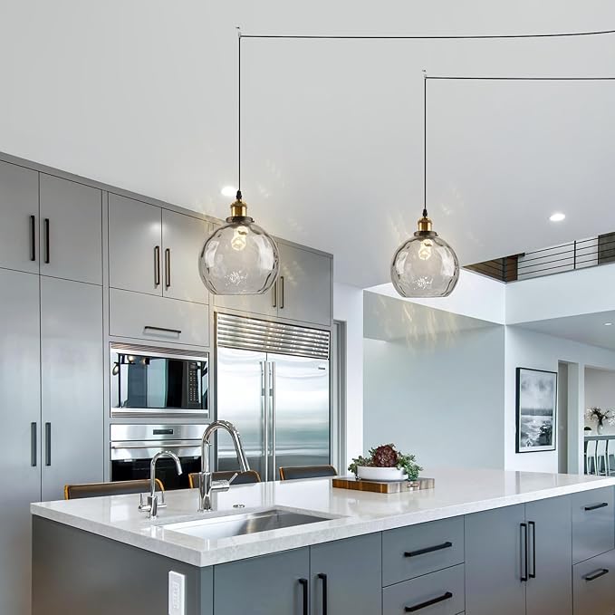 Hanging Lamp Smoke Gray Glass Pendant Light Plug in Hammered Glass Globe Pendant Lights Kitchen Island Plug in Ceiling Light with Cord Vintage Hanging Pendant Lamps for Living Room Bedroom