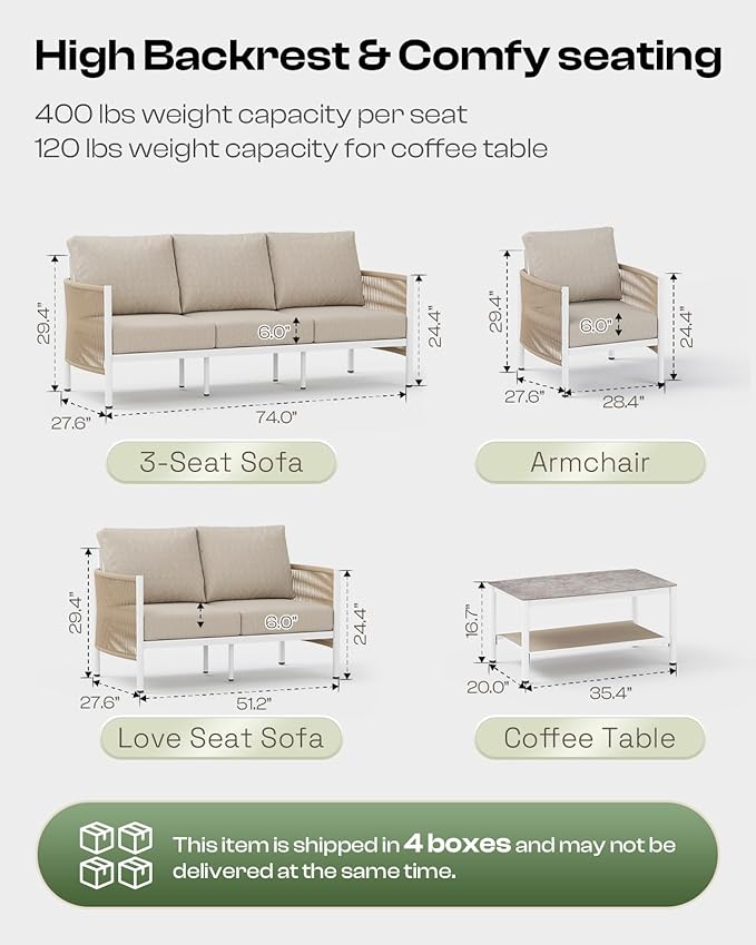 Aluminum Outdoor Patio Furniture Set with Dual-Layer Coffee Table, 5 Piece Modern Patio Conversation Sets with PE Rope, Outdoor Sectional Sofa with Thick Cushions for Balcony, Deck, Ivory