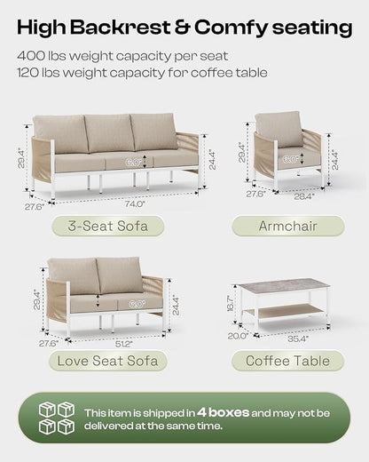 Aluminum Outdoor Patio Furniture Set with Dual-Layer Coffee Table, 5 Piece Modern Patio Conversation Sets with PE Rope, Outdoor Sectional Sofa with Thick Cushions for Balcony, Deck, Ivory