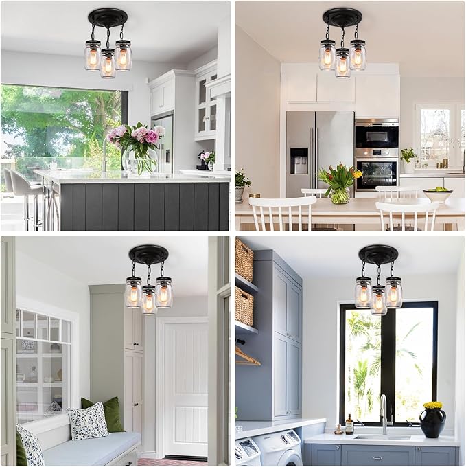 Mason Jar Light Fixtures, 3-Light Glass Mason Jar Pendant Lighting for Kitchen Island Farmhouse Close to Ceiling Kitchen Light Over Sink Barn Dining Room Chandelier Hallway Stairway