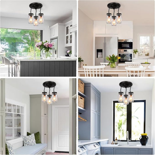 Mason Jar Light Fixtures, 3-Light Glass Mason Jar Pendant Lighting for Kitchen Island Farmhouse Close to Ceiling Kitchen Light Over Sink Barn Dining Room Chandelier Hallway Stairway