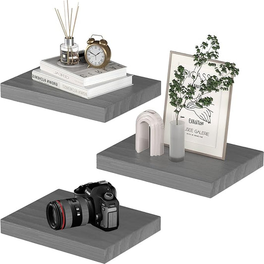 PopiShelves Small Floating Shelves for Wall - 12 x 9 Inch Grey Shelves for Bedroom, Living Room, Bathroom, Kitchen, Office Decor Set of 3