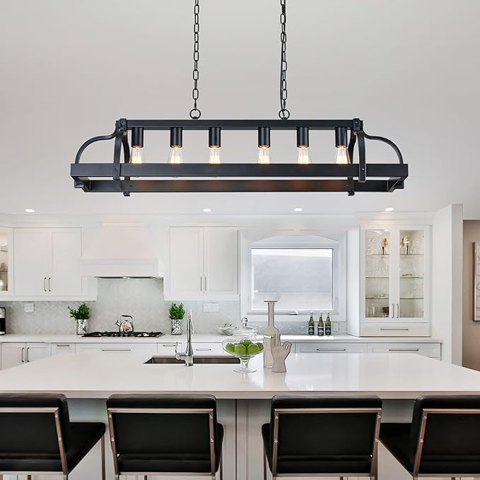 WUZUPS 6-Light Metal Pot Hanging Rack Chandelier Linear Pendant Ceiling Lighting Rustic Farmhouse Fixture Kitchen Island Dining Room, H 9.8" L 40.6" W11.8, E26 Base, Black