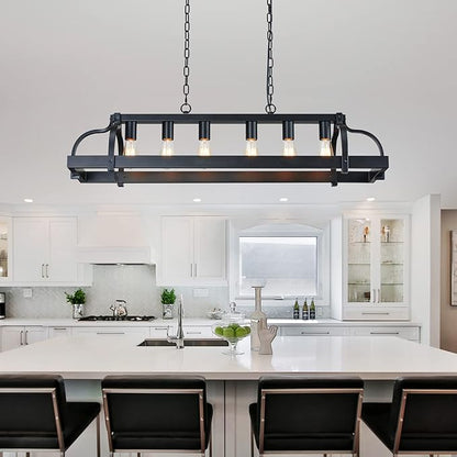 WUZUPS 6-Light Metal Pot Hanging Rack Chandelier Linear Pendant Ceiling Lighting Rustic Farmhouse Fixture Kitchen Island Dining Room, H 9.8" L 40.6" W11.8, E26 Base, Black