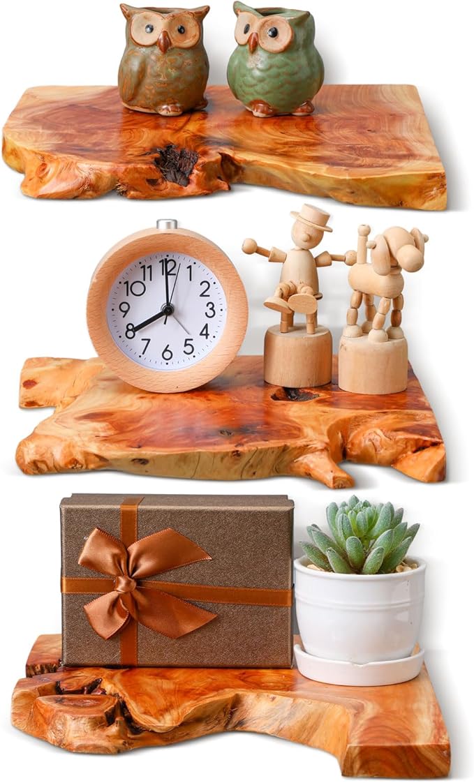 Pinkunn 3 Pcs Corner Floating Shelves for Wall Mounted Cedar Wood Wall Shelves Solid Wooden Hanging Decoration for Room Kitchen Living Room Bathroom Bedroom