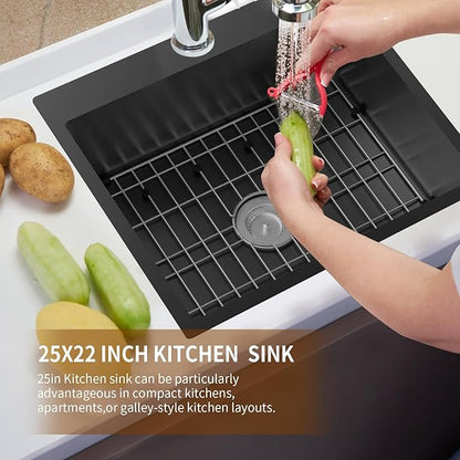 Black Kitchen Sink,25x22 Inch Kitchen Sink Stainless Steel Drop In Kitchen Sink Topmount Stylish and Modern Look Sink With Bottom Grid,Silicon Mat And Drain Assembly Add Elegance & Enhance Usability
