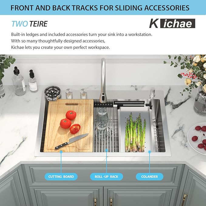 Kichae Drop In Kitchen Sink Waterfall - 33x22 Workstation Kitchen Sink Waterfall Stainless Steel 16 Gauge Luxury Handmade Single Bowl Drop Sinks with Faucet Combo & Glass Rinser