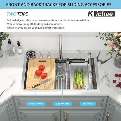 Kichae Drop In Kitchen Sink Waterfall - 33x22 Workstation Kitchen Sink Waterfall Stainless Steel 16 Gauge Luxury Handmade Single Bowl Drop Sinks with Faucet Combo & Glass Rinser