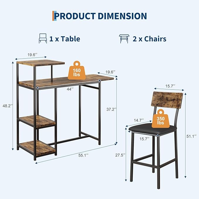 GAOMON 3-Piece Dining Set, Bar Table and Chairs Set for 2, High Top Table and Upholstered Chairs with Storage Shelves, Breakfast Nook, Bar Pub Set for Kitchen, Home Bar, Small Space