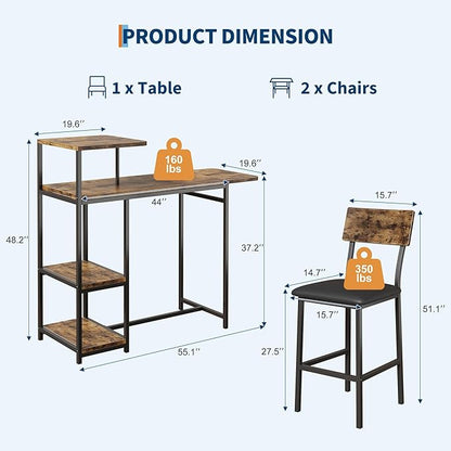 GAOMON 3-Piece Dining Set, Bar Table and Chairs Set for 2, High Top Table and Upholstered Chairs with Storage Shelves, Breakfast Nook, Bar Pub Set for Kitchen, Home Bar, Small Space
