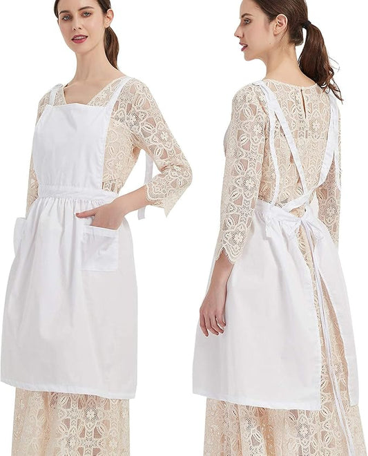 Cityelf Vintage White Apron Maid Pioneer Costume Victorian Style Cotton 50’s Ruffle Dress Apron with Long Ties and Pockets